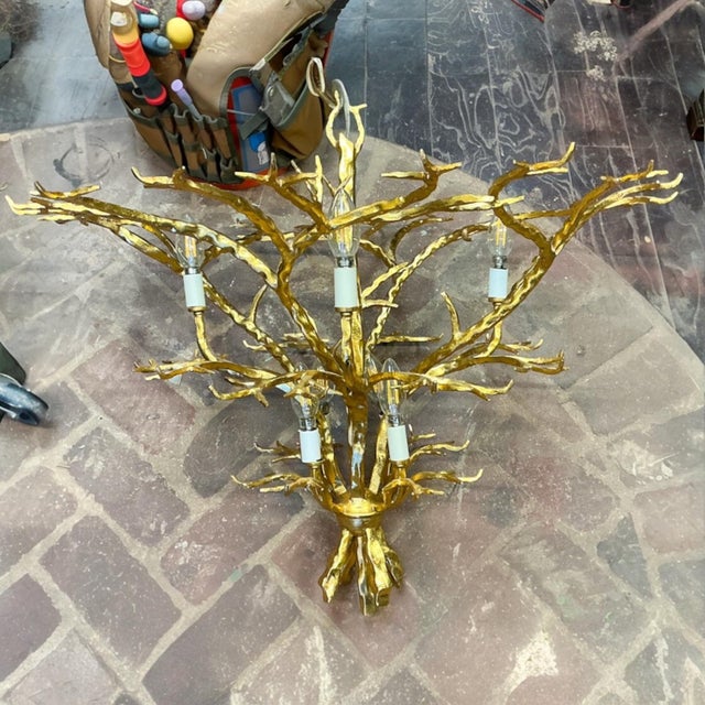 Coco Chanel & Maison Jansen Inspired Gilt Metal Faux Bois Twig Chandelier 8 Arm For Sale In Atlanta - Image 6 of 6