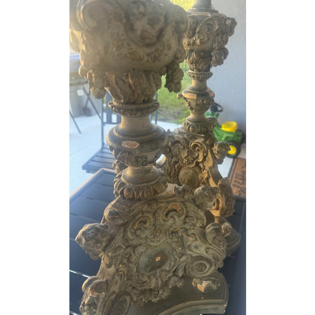 Wood Pair of Antique 18th Century Parcel Paint and Gilt Wood Candlesticks 40 Inches For Sale - Image 7 of 12