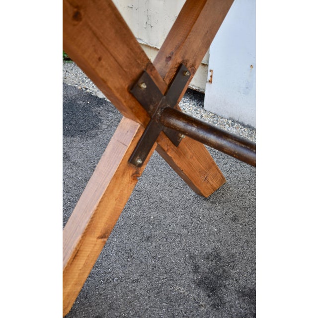 Pine and Steel "X" Base Trestle Table For Sale - Image 9 of 12