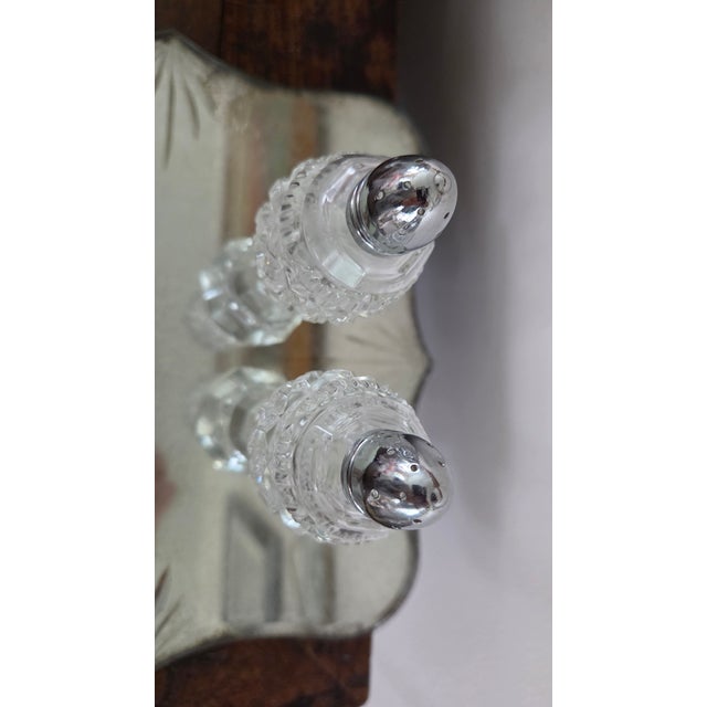 Silver Vintage Tall Faceted Crystal-Glass Salt and Pepper Shakers With Silver-Tone Caps For Sale - Image 8 of 16