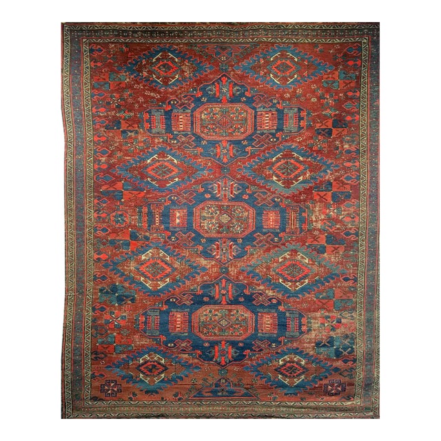 Late 19th Century Caucasian Soumak Rug, Handwoven Allover Geometric, Red & Blue, 5' x 7' For Sale