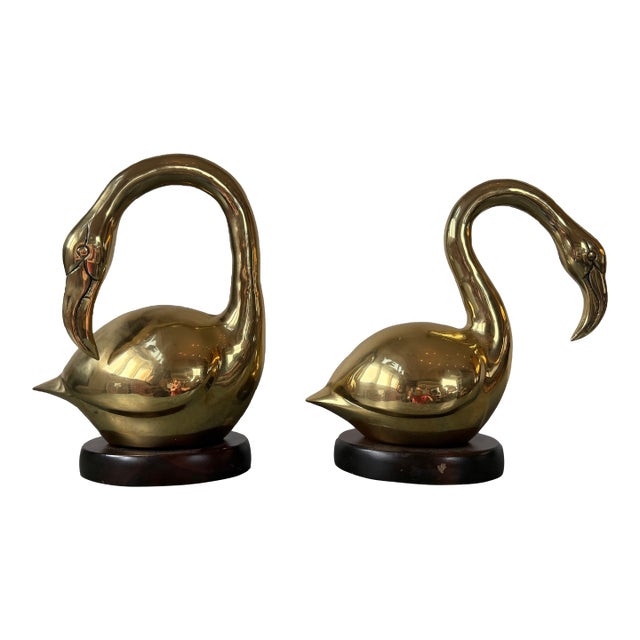 Brass Flamingo Mod Vintage Pair on Wooden Base For Sale