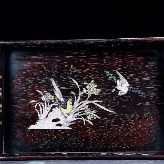 This is an elegant vintage rectangular tray, crafted from Zitan wood (purple sandalwood) and decorated with intricate...
