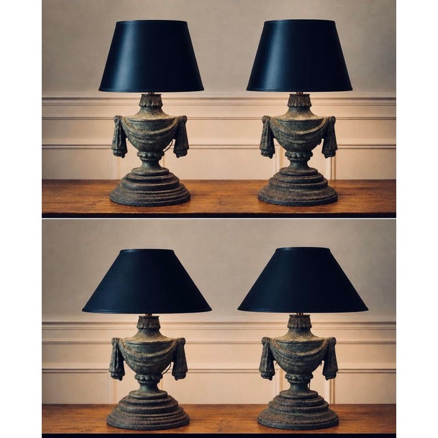 Handsome pair of vintage classic cast iron urn and tassel finials as a lamp. In one of the photos provided 2 different...