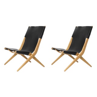Set of Natural Oiled Oak and Black Leather Saxe Chairs by Lassen For Sale
