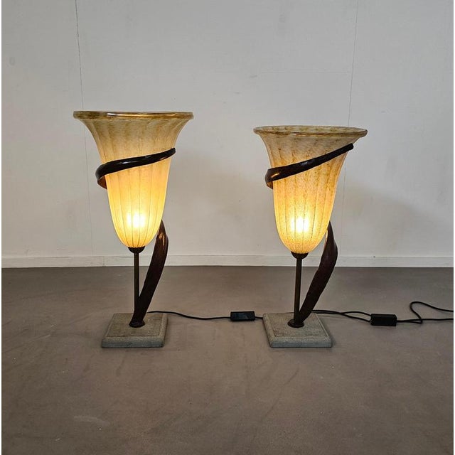 Large Jugendstil Floor Lamps with Stone Base and Italian Glass Shade from Roberto Galli, Set of 2 For Sale - Image 11 of 18