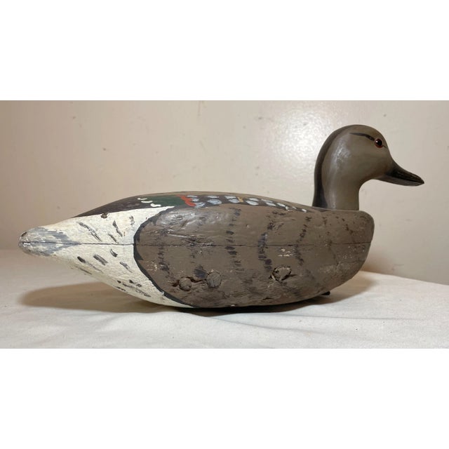 Antique Hand Carved Wood Folk Art Hollow Body Drake Duck Decoy Bird Sculpture For Sale - Image 4 of 12