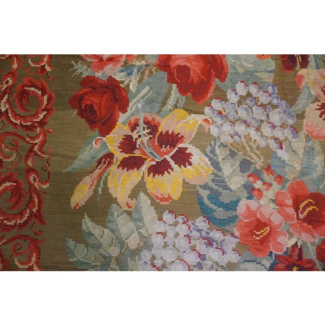 1900s Large Scale Olive Antique French Floral European Folk Besserabian Wool Rug For Sale - Image 4 of 11