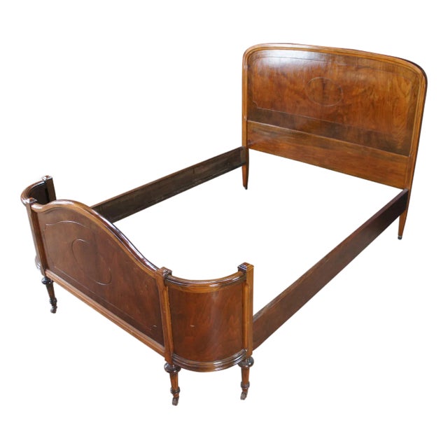 Antique French Louis XVI Burl Walnut Full Size Bed W Wrap Around Footboard For Sale