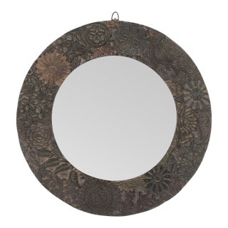 Handcrafted Round Wood Wall Mirror | 22 Inch Repurposed Printing Block Mirror for Entryway | Rustic Farmhouse Decor | Housewarming Gift For Sale