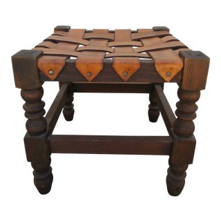 Antique Leather Weave Footstool For Sale