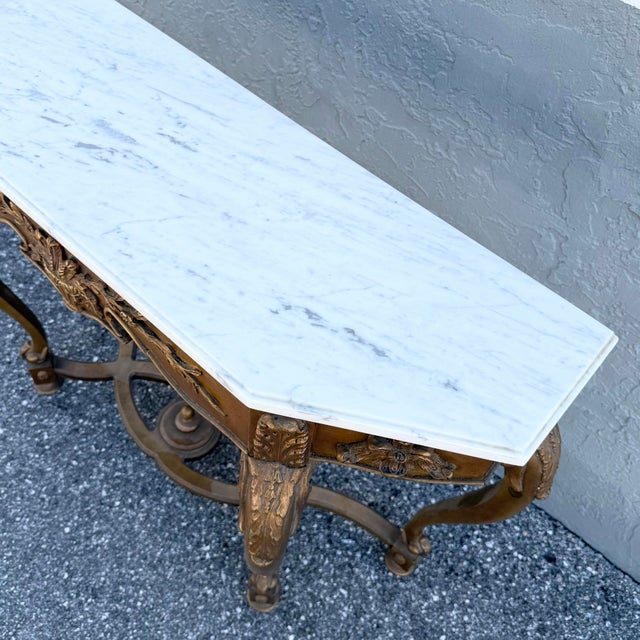 Vintage French Style Marble Top Wooden Console Table For Sale In West Palm - Image 6 of 11