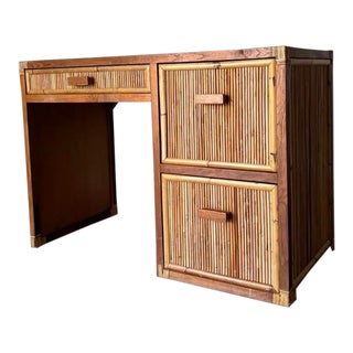 Vintage Coastal Pencil Reed Rattan and Wood Desk With Glass Top For Sale