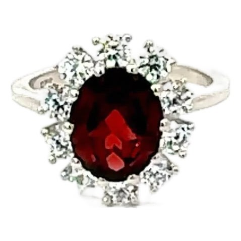 Antique Style Garnet and Zircon Halo Cluster Ring in Sterling Silver- Size 6.5 For Sale
