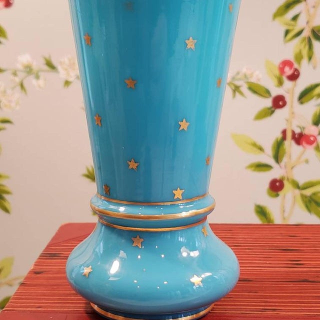 Beautiful PV blue opaline glass vase and matching plate // rare gold stars // Portieux Vallerysthal // french blue // vintage glassware // For Sale - Image 9 of 10