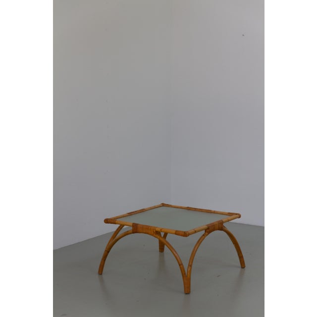 Danish Modern Square Bamboo, Rattan and Glass Coffee Table, 1960s. Early Scandinavian Mid-Century Modern also included a...
