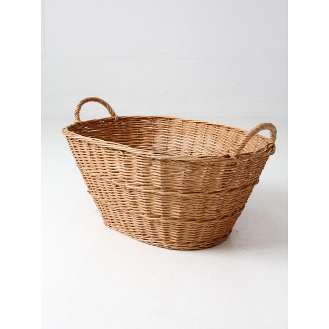 Wood Antique French Country Wicker Laundry Basket For Sale - Image 7 of 14