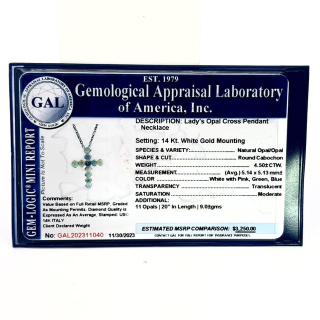 Gold Natural Opal Cross Pendant Necklace 20" 14k WG 4.50 CT Certified For Sale - Image 8 of 11