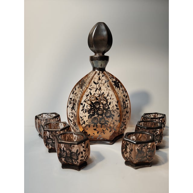 Vintage Bohemian Pink Glass Crystal Silver Plate Decanter Shot Glass Aperitif Set- 7 Pieces For Sale - Image 13 of 13