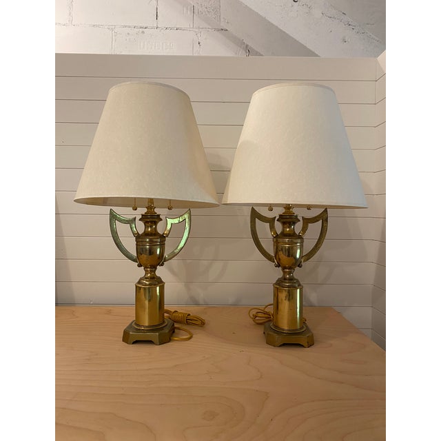 A classic pair of English brass table lamps, perfect for a son's bedroom or husband's office. Make them a winner every day!