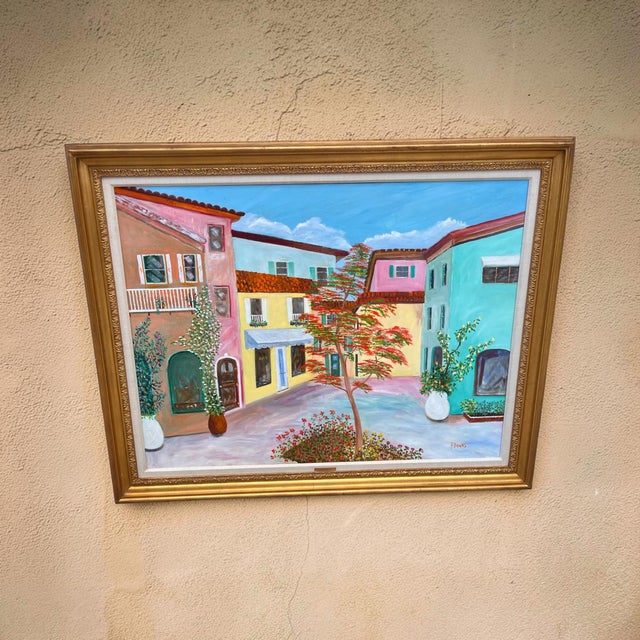 Mediterranean 1980s Francis Downs Original Oil Painting of Colorful Mediterranean-Style Courtyard, Framed, 54” For Sale - Image 3 of 5