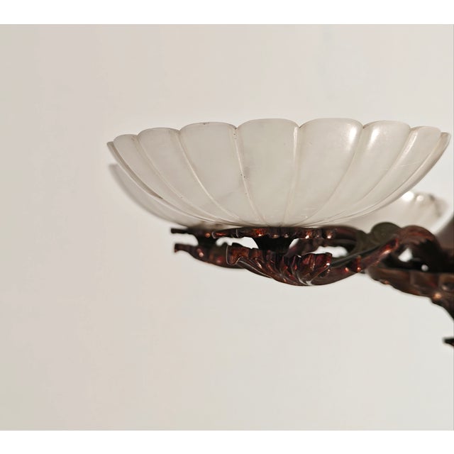 Art Deco Bronze Chandelier with Six Alabaster Lampshades, Made in Italy in the 1950s/1960s. For Sale - Image 3 of 18