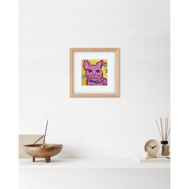 Wood Modern Narratives Collection — “Pink Cat With Green Eyes” (6″×6″, Original Oil on Wood) For Sale - Image 7 of 18