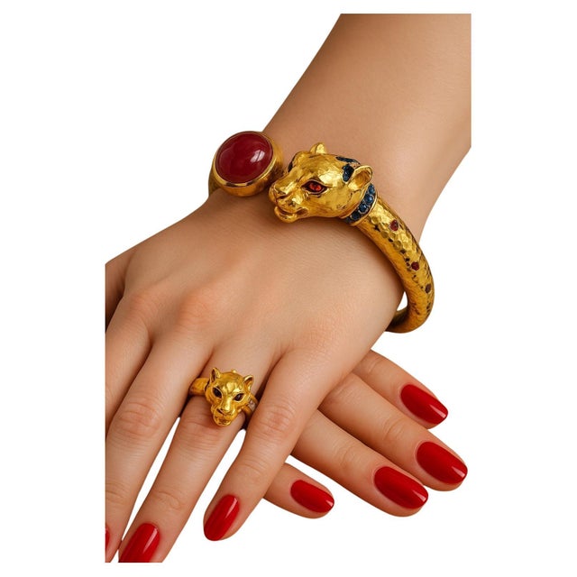 Bochic “Orient” Vintage Ruby & Multi Sapphire Dragon Bangle Set In 18K Gold & Silver Red Ruby Oval Shape - 9 Carat Multi...