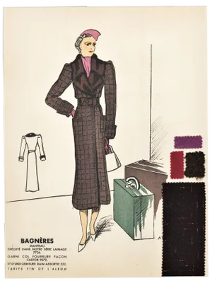 1930s Matted Large Matted Hand-Colored Fashion Design With Swatches
