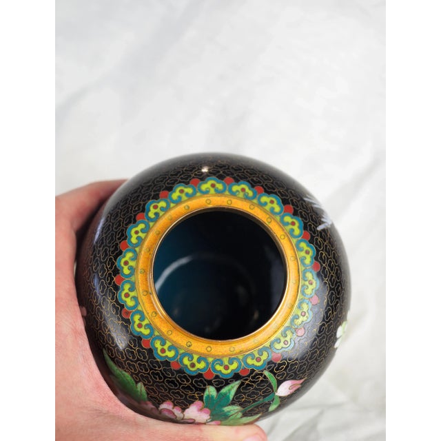 Metal Mid-Century Chinese Black Floral Cloisonne Ginger Jar For Sale - Image 7 of 11