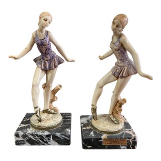 Pair of Ceramic Italian Ballerina Figurines With Marble Bases For Sale