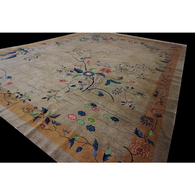 Textile Beige Floral Antique Chinese Art Deco Rectangle Large 1920s Hand Knotted Rug For Sale - Image 7 of 12