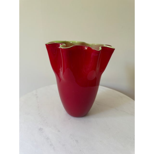 Vintage Red and Green Cased Glass Fazzoletto Handkerchief Vase, Murano Style, C. 1960s For Sale - Image 4 of 6