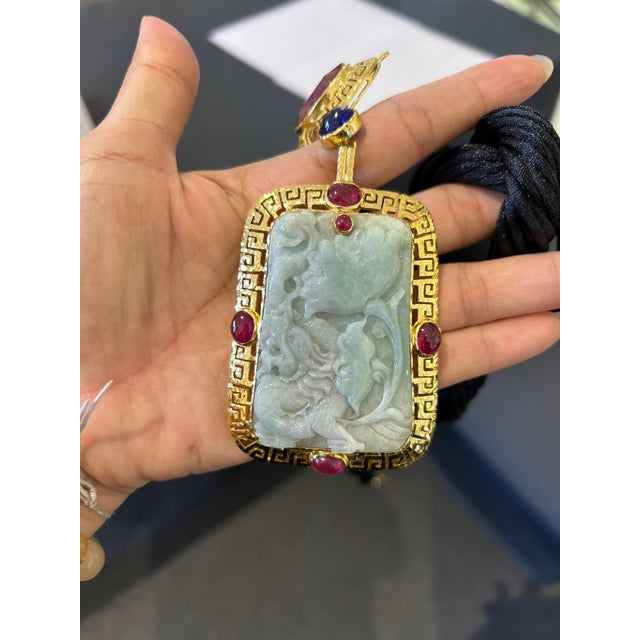 Bochic “Orient” Ruby, Sapphires & Mint Vintage Jade Necklace Set in 18 K Gold & Silver For Sale - Image 4 of 5