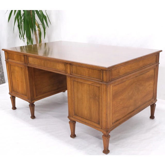 Brown Large Deep Walnut 9 Drawers Partners Style Antique Desk Brass Pulls Table For Sale - Image 8 of 13