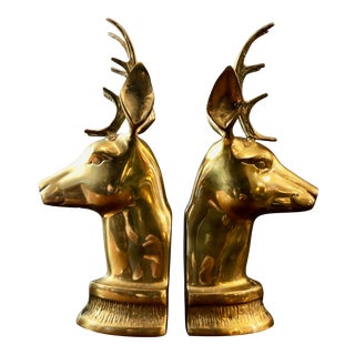 Mid Century Modern Solid Brass Deer/Buck Bookends 1960's For Sale