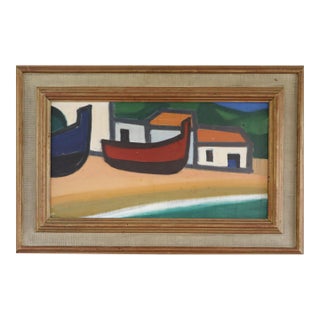 Mid-Century Modern 'Boats at Rest' Vintage Original Coastal Landscape Oil Painting, Framed For Sale