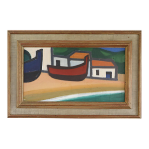 Mid-Century Modern 'Boats at Rest' Vintage Original Coastal Landscape Oil Painting, Framed