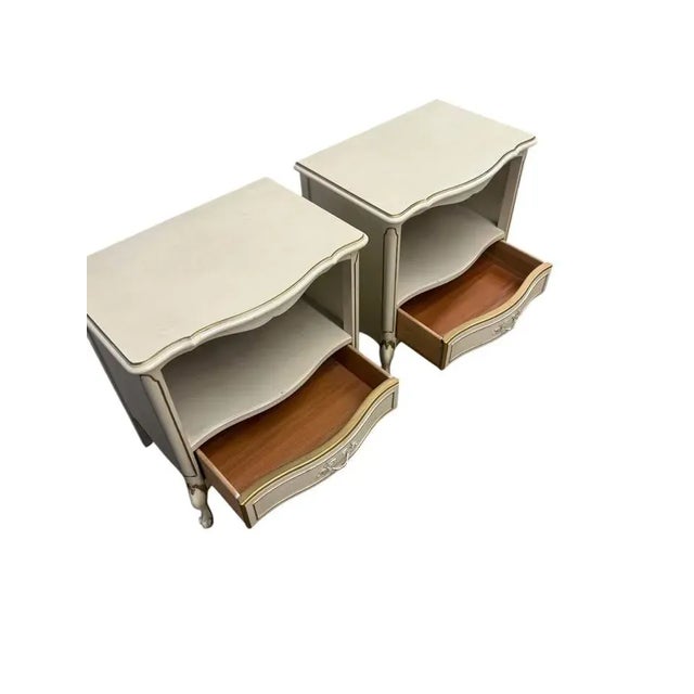 Wood Vintage Mid-Century Rhone Off-White (Cream) & Gold French Provincial 1 Drawer Nightstands - A Pair For Sale - Image 7 of 11