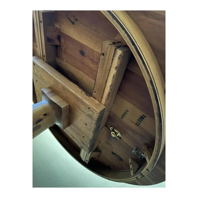 Wood Vintage Ethan Allen Rustic Farmhouse Round Pedestal Table With Ladder Back Handwoven Rush Chairs For Sale - Image 7 of 14