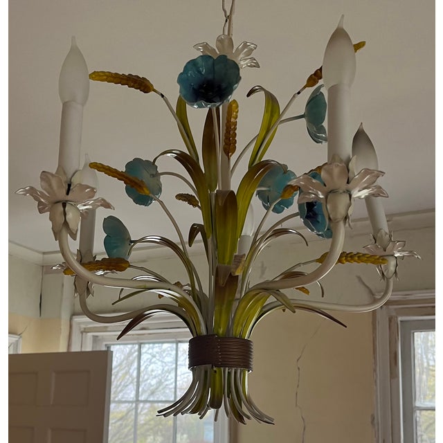 1970s Italian Mid-Century Tole Five Light Chandelier With Gathered Blue Flowers, Grasses and Wheat Stalks For Sale - Image 14 of 18