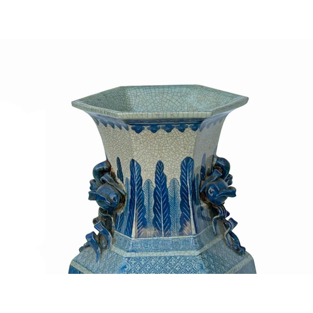 1980s Vintage Chinese Off White Blue Flower Graphic Hexagonal Porcelain Vase For Sale - Image 5 of 10