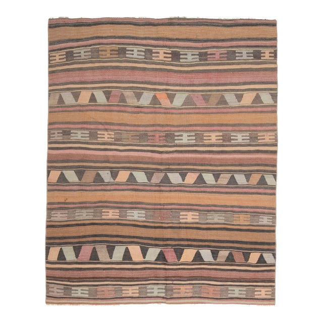 1970s Vintage Turkish Oushak Handmade Wool Cotton Brown Kilim Rug For Sale