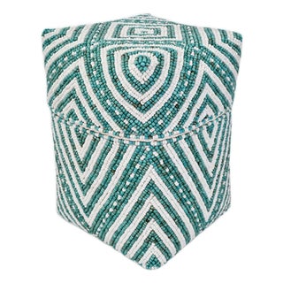 Vintage Turquoise & White Beaded Bamboo Box Small For Sale