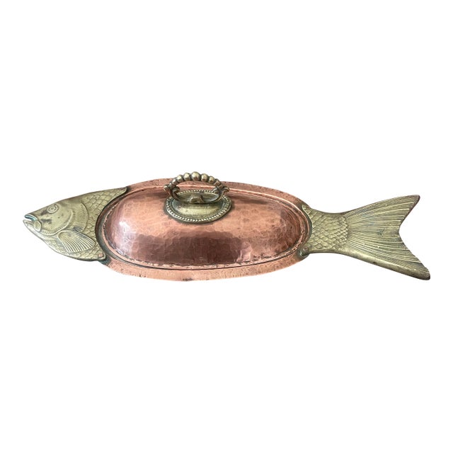 Vintage Copper and Brass Covered Fish Platter For Sale