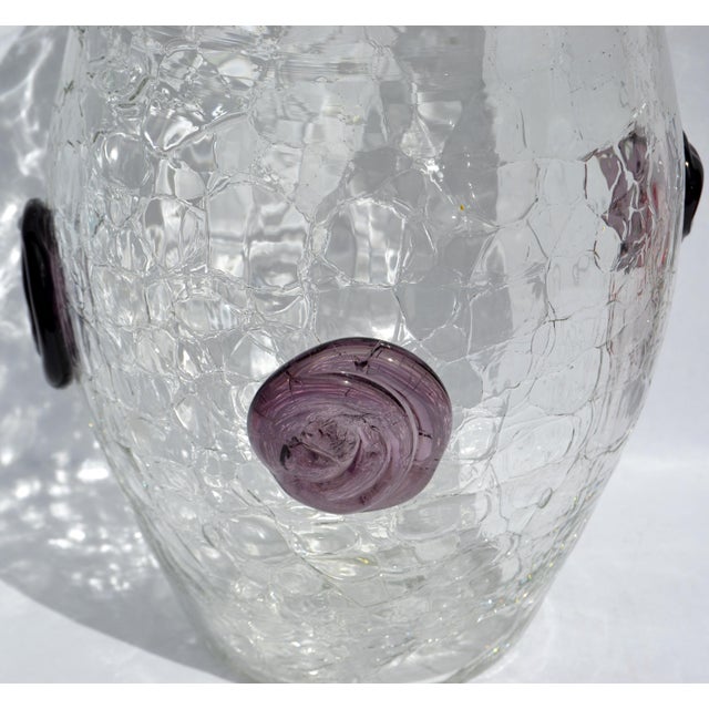 1960s Large Blenko Crackle Art Glass Vase Textured Clear Surface Purple Flowers For Sale - Image 15 of 18
