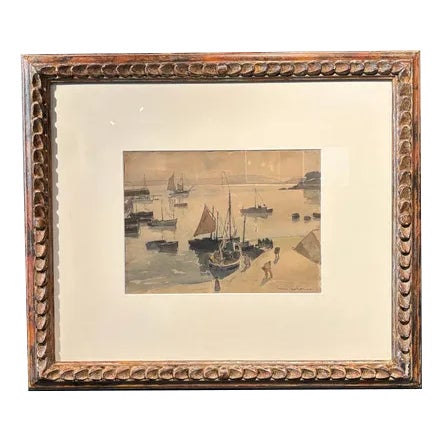 Henry Maurice Cahours, Return from Fishing, Watercolor, 1930s, Framed For Sale