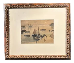 Henry Maurice Cahours, Return from Fishing, Watercolor, 1930s, Framed