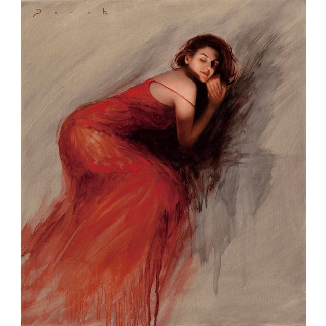 Crimson by Derek Harrison | Oil on Linen Painting of a woman in a red dress lying down For Sale