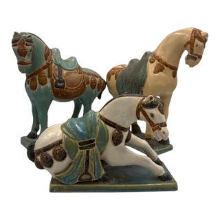 Set of Three Chinese Tang-Style Glazed Ceramic Horse Figures For Sale
